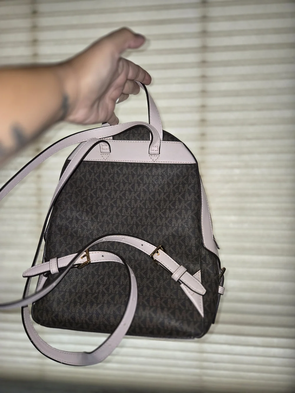 Michael Kors Brown Signature Mini Backpack with Pink Trim